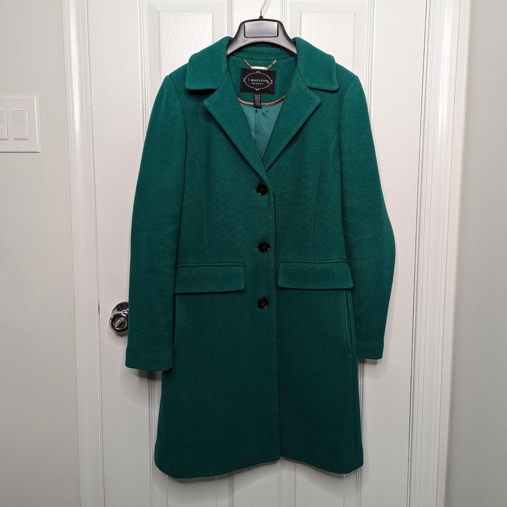 Emerald/kelly green wool-blend single-breasted coat, size XS